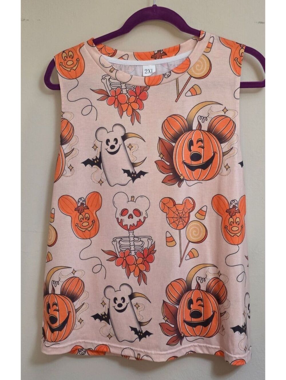 2XL Mickey Halloween Themed Sleeveless Top with Pumpkin and Ghost Print